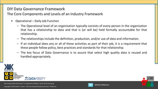 Copyright © 2021 Robert S. Seiner – KIK Consulting & Educational Services / TDAN.com
Non-Invasive Data Governance™ is a trademark of Robert S. Seiner & KIK Consulting
#RWDG @RSeiner
21
• Operational – Daily Job Function
– The Operational level of an organization typically consists of every person in the organization
that has a relationship to data and that is (or will be) held formally accountable for that
relationship.
– The relationships include the definition, production, and/or use of data and information.
– If an individual does any or all of these activities as part of their job, it is a requirement that
these people follow policy, best practices and standards for that relationship.
– The key focus of Data Governance is to assure that select high quality data is reused and
handled appropriately.
DIY Data Governance Framework
The Core Components and Levels of an Industry Framework
 
