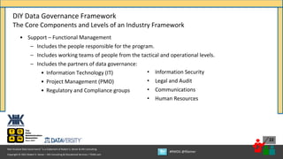 Copyright © 2021 Robert S. Seiner – KIK Consulting & Educational Services / TDAN.com
Non-Invasive Data Governance™ is a trademark of Robert S. Seiner & KIK Consulting
#RWDG @RSeiner
22
• Support – Functional Management
– Includes the people responsible for the program.
– Includes working teams of people from the tactical and operational levels.
– Includes the partners of data governance:
• Information Technology (IT)
• Project Management (PMO)
• Regulatory and Compliance groups
DIY Data Governance Framework
The Core Components and Levels of an Industry Framework
• Information Security
• Legal and Audit
• Communications
• Human Resources
 