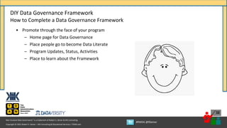 Copyright © 2021 Robert S. Seiner – KIK Consulting & Educational Services / TDAN.com
Non-Invasive Data Governance™ is a trademark of Robert S. Seiner & KIK Consulting
#RWDG @RSeiner
32
• Promote through the face of your program
– Home page for Data Governance
– Place people go to become Data Literate
– Program Updates, Status, Activities
– Place to learn about the Framework
DIY Data Governance Framework
How to Complete a Data Governance Framework
 