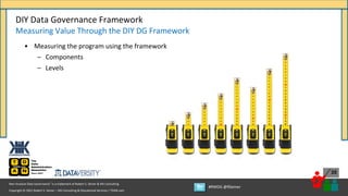 Copyright © 2021 Robert S. Seiner – KIK Consulting & Educational Services / TDAN.com
Non-Invasive Data Governance™ is a trademark of Robert S. Seiner & KIK Consulting
#RWDG @RSeiner
35
• Measuring the program using the framework
– Components
– Levels
DIY Data Governance Framework
Measuring Value Through the DIY DG Framework
 