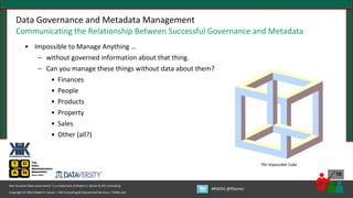Copyright © 2021 Robert S. Seiner – KIK Consulting & Educational Services / TDAN.com
Non-Invasive Data Governance™ is a trademark of Robert S. Seiner & KIK Consulting
#RWDG @RSeiner
10
Data Governance and Metadata Management
Communicating the Relationship Between Successful Governance and Metadata
• Impossible to Manage Anything …
– without governed information about that thing.
– Can you manage these things without data about them?
• Finances
• People
• Products
• Property
• Sales
• Other (all?)
The Impossible Cube
 