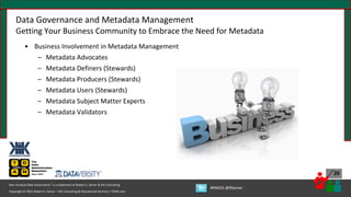 Copyright © 2021 Robert S. Seiner – KIK Consulting & Educational Services / TDAN.com
Non-Invasive Data Governance™ is a trademark of Robert S. Seiner & KIK Consulting
#RWDG @RSeiner
20
Data Governance and Metadata Management
Getting Your Business Community to Embrace the Need for Metadata
• Business Involvement in Metadata Management
– Metadata Advocates
– Metadata Definers (Stewards)
– Metadata Producers (Stewards)
– Metadata Users (Stewards)
– Metadata Subject Matter Experts
– Metadata Validators
 