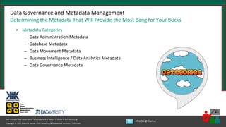 Copyright © 2021 Robert S. Seiner – KIK Consulting & Educational Services / TDAN.com
Non-Invasive Data Governance™ is a trademark of Robert S. Seiner & KIK Consulting
#RWDG @RSeiner
23
Data Governance and Metadata Management
Determining the Metadata That Will Provide the Most Bang for Your Bucks
• Metadata Categories
– Data Administration Metadata
– Database Metadata
– Data Movement Metadata
– Business Intelligence / Data Analytics Metadata
– Data Governance Metadata
 