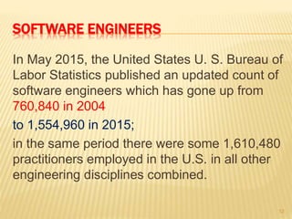 SOFTWARE ENGINEERS
In May 2015, the United States U. S. Bureau of
Labor Statistics published an updated count of
software engineers which has gone up from
760,840 in 2004
to 1,554,960 in 2015;
in the same period there were some 1,610,480
practitioners employed in the U.S. in all other
engineering disciplines combined.
12
 