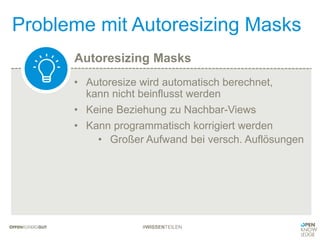 Autoresizing Masks
Probleme mit Autoresizing Masks
#WISSENTEILEN
• Autoresize wird automatisch berechnet,
kann nicht beinflusst werden
• Keine Beziehung zu Nachbar-Views
• Kann programmatisch korrigiert werden
• Großer Aufwand bei versch. Auflösungen
 
