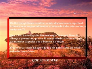 Dê-lhe tranqüilidade familiar, saúde, discernimento espiritual, êxito nos seus empreendimentos  e, acima de todas estas coisas, a crença em Ti.  Que o Teu Santo Espírito lhe revele que Tu és um Deus de aliança e promessas, que em Ti somente habita a verdade e és galardoador daqueles que o buscam e o amam.  Peço-te estas coisas na autoridade e no  nome santo do nosso redentor Jesus Cristo.   QUE ASSIM SEJA! www.sitecuriosidades.com.br 