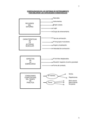 5
CONFIGURACION DE LOS SISTEMAS DE ENTRENAMIENTO
PARA MEJORAR LAS CAPACIDADES CONDICIONALES
Naturales.
Instrumentos.
Propio cuerpo.
Lugar.
Grupo de entrenamiento.
Tipo de contracción.
Nºde grupos musculares.
Angulo y localización.
Velocidad de contracción.
Nºde kilos desplazados.
Situación respecto al centro gravedad.
Forma de contacto.
Series.
NºIntentos
Repeticiones.
Micro-pausa
Pausa Macro-pausa
No-pausa
RECURSOS
DEL
ENTORNO
CARACTERISTICAS
DE
LA
ACTIVIDAD
MUSCULAR
ASPECTOS
DE
LA
SOBRECARGA
CONDICIONES
CUANTITATIVAS
DEL TIEMPO
DE
PRACTICA
 