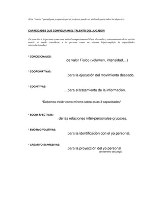 ' ( & ) *
CAPACIDADES QUE CONFIGURAN EL TALENTO DEL JUGADOR
+ %
*
* CONDICIONALES:
de valor Físico (volumen, intensidad,...)
* COORDINATIVAS:
para la ejecución del movimiento deseado.
* COGNITIVAS:
....para el tratamiento de la información.
*Debemos incidir como mínimo sobre estas 3 capacidades*
* SOCIO-AFECTIVAS:
de las relaciones inter-personales-grupales.
* EMOTIVO-VOLITIVAS:
para la identificación con el yo personal.
* CREATIVO-EXPRESIVAS:
para la proyección del yo personal
(en terreno de juego)
 