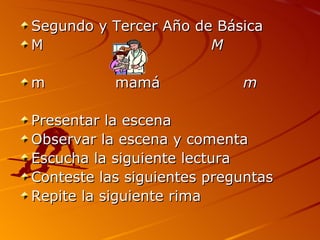 Segundo y Tercer Año de Básica M M m mamá m Presentar la escena Observar la escena y comenta Escucha la siguiente lectura Conteste las siguientes preguntas Repite la siguiente rima 