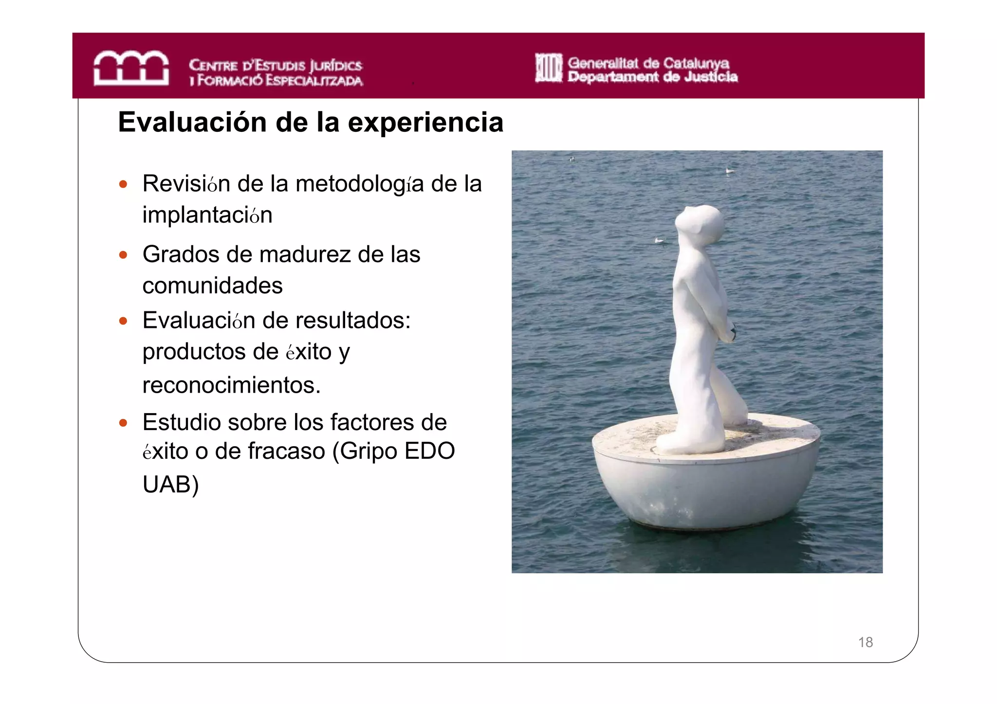 Evaluación de la experiencia

 Revisión de la metodología de la
 implantación
 Grados de madurez de las
 comunidades
 Evaluación de resultados:
 productos de éxito y
 reconocimientos.
 Estudio sobre los factores de
 éxito o de fracaso (Gripo EDO
 UAB)




                                    18
 