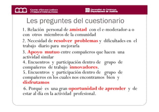 Les preguntes del cuestionario
1. Relación personal de amistad con el e-moderador-a o
con otros miembros de la comunidad
2. Necesidad de resolver problemas y dificultades en el
trabajo diario para mejorarla
3. Apoyo mutuo entre compañeros que hacen una
actividad similar
4. Encuentros y participación dentro de grupo de
compañeros de trabajo innovadores.
5. Encuentros y participación dentro de grupo de
compañeros en los cuales nos encontramos bien y
disfrutamos
6. Porqué es una gran oportunidad de aprender y de
estar al día en la actividad profesional.
 