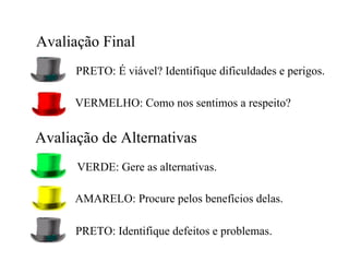 Avaliação Final VERDE: Gere as alternativas. Avaliação de Alternativas VERMELHO: Como nos sentimos a respeito? PRETO: É viável? Identifique dificuldades e perigos. AMARELO: Procure pelos benefícios delas. PRETO: Identifique defeitos e problemas. 
