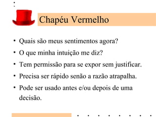 Chapéu Vermelho Quais são meus sentimentos agora? O que minha intuição me diz? Tem permissão para se expor sem justificar. Precisa ser rápido senão a razão atrapalha. Pode ser usado antes e/ou depois de uma decisão. 