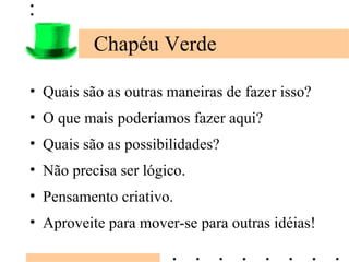 Chapéu Verde Quais são as outras maneiras de fazer isso? O que mais poderíamos fazer aqui? Quais são as possibilidades? Não precisa ser lógico. Pensamento criativo. Aproveite para mover-se para outras idéias! 