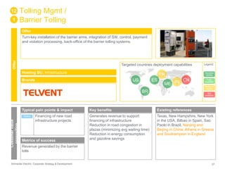 Tolling Mgmt / 
Barrier Tolling 
Offer 
Turn-key installation of the barrier arms, integration of SW, control, payment 
and violation processing, back-office of the barrier tolling systems. 
Targeted countries deployment capabilities 
Hosting BU: Infrastructure 
Brands 
12 
1 
Offer 
Customer value 
proposition 
Typical pain points & impact 
Financing of new road 
infrastructure projects 
Direct 
Metrics of success 
Revenue generated by the barrier 
tolls 
US ES 
BR 
Key benefits 
Generates revenue to support 
financing of infrastructure 
Reduction in road congestion in 
plazas (minimizing avg waiting time) 
Reduction in energy consumption 
and gazoline savings 
FR 
ME IN CN 
Legend 
Success 
stories 
Fully 
available 
Ready to 
deploy 
Not 
available 
Existing references 
Texas, New Hampshire, New York 
in the USA, Bilbao in Spain, Sao 
Paolo in Brazil, Nanjing and 
Beijing in China, Athens in Greece 
and Southampton in England 
Schneider Electric Corporate Strategy & Development 27 
 