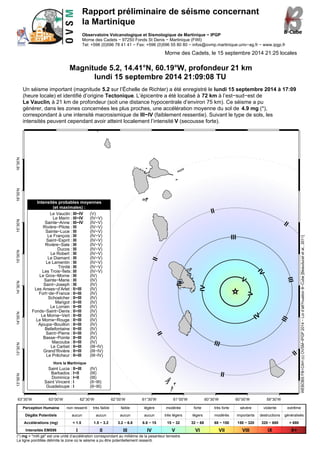Rapport préliminaire de séisme concernant 
la Martinique 
Observatoire Volcanologique et Sismologique de Martinique − IPGP 
Morne des Cadets − 97250 Fonds St Denis − Martinique (FWI) 
Tel: +596 (0)596 78 41 41 − Fax: +596 (0)596 55 80 80 − infos@ovmp.martinique.univ−ag.fr − www.ipgp.fr 
Morne des Cadets, le 15 septembre 2014 21:25 locales 
Magnitude 5.2, 14.41°N, 60.19°W, profondeur 21 km 
lundi 15 septembre 2014 21:09:08 TU 
Un séisme important (magnitude 5.2 sur l’Échelle de Richter) a été enregistré le lundi 15 septembre 2014 à 17:09 
(heure locale) et identifié d’origine Tectonique. L’épicentre a été localisé à 72 km à l’est−sud−est de 
Le Vauclin, à 21 km de profondeur (soit une distance hypocentrale d’environ 75 km). Ce séisme a pu 
générer, dans les zones concernées les plus proches, une accélération moyenne du sol de 4.9 mg (*), 
correspondant à une intensité macrosismique de III−IV (faiblement ressentie). Suivant le type de sols, les 
intensités peuvent cependant avoir atteint localement l’intensité V (secousse forte). 
13°00’N 13°30’N 14°00’N 14°30’N 15°00’N 15°30’N 16°00’N 16°30’N 
V 
63°30’W 63°00’W 62°30’W 62°00’W 61°30’W 61°00’W 60°30’W 60°00’W 59°30’W 
II 
II 
II 
II 
II 
II 
III 
III 
III 
III 
III 
IV 
IV 
IV 
V 
Intensités probables moyennes 
(et maximales) : 
Le Vauclin : III−IV (V) 
Le Marin : III−IV (IV−V) 
Sainte−Anne : III−IV (IV−V) 
Rivière−Pilote : III (IV−V) 
Sainte−Luce : III (IV−V) 
Le François : III (IV−V) 
Saint−Esprit : III (IV−V) 
Rivière−Sale : III (IV−V) 
Ducos : III (IV−V) 
Le Robert : III (IV−V) 
Le Diamant : III (IV−V) 
Le Lamentin : III (IV−V) 
Trinité : III (IV−V) 
Les Trois−Îlets : III (IV−V) 
Le Gros−Morne : III (IV) 
Sainte−Marie : III (IV) 
Saint−Joseph : III (IV) 
Les Anses−d’Arlet : II−III (IV) 
Fort−de−France : II−III (IV) 
Schoelcher : II−III (IV) 
Marigot : II−III (IV) 
Le Lorrain : II−III (IV) 
Fonds−Saint−Denis : II−III (IV) 
Le Morne−Vert : II−III (IV) 
Le Morne−Rouge : II−III (IV) 
Ajoupa−Bouillon : II−III (IV) 
Bellefontaine : II−III (IV) 
Saint−Pierre : II−III (IV) 
Basse−Pointe : II−III (IV) 
Macouba : II−III (IV) 
Le Carbet : II−III (III−IV) 
Grand’Rivière : II−III (III−IV) 
Le Prêcheur : II−III (III−IV) 
Hors la Martinique 
Saint Lucia : II−III (IV) 
Barbados : I−II (III) 
Dominica : I−II (III) 
Saint Vincent : I (II−III) 
Guadeloupe : I (II−III) 
WEBOBS FB+CAH (c) OVSM−IPGP 2014 − Loi d’att?nuation B−Cube [Beauducel et al., 2011] 
Perception Humaine non ressenti très faible faible légère modérée forte très forte sévère violente extrême 
Dégâts Potentiels aucun aucun aucun aucun très légers légers modérés importants destructions généralisés 
Accélérations (mg) < 1.5 1.5 − 3.2 3.2 − 6.8 6.8 − 15 15 − 32 32 − 68 68 − 150 150 − 320 320 − 680 > 680 
Intensités EMS98 I II III IV V VI VII VIII IX X+ 
(*) mg = "milli gé" est une unité d’accélération correspondant au millième de la pesanteur terrestre 
La ligne pointillée délimite la zone où le séisme a pu être potentiellement ressenti. 
