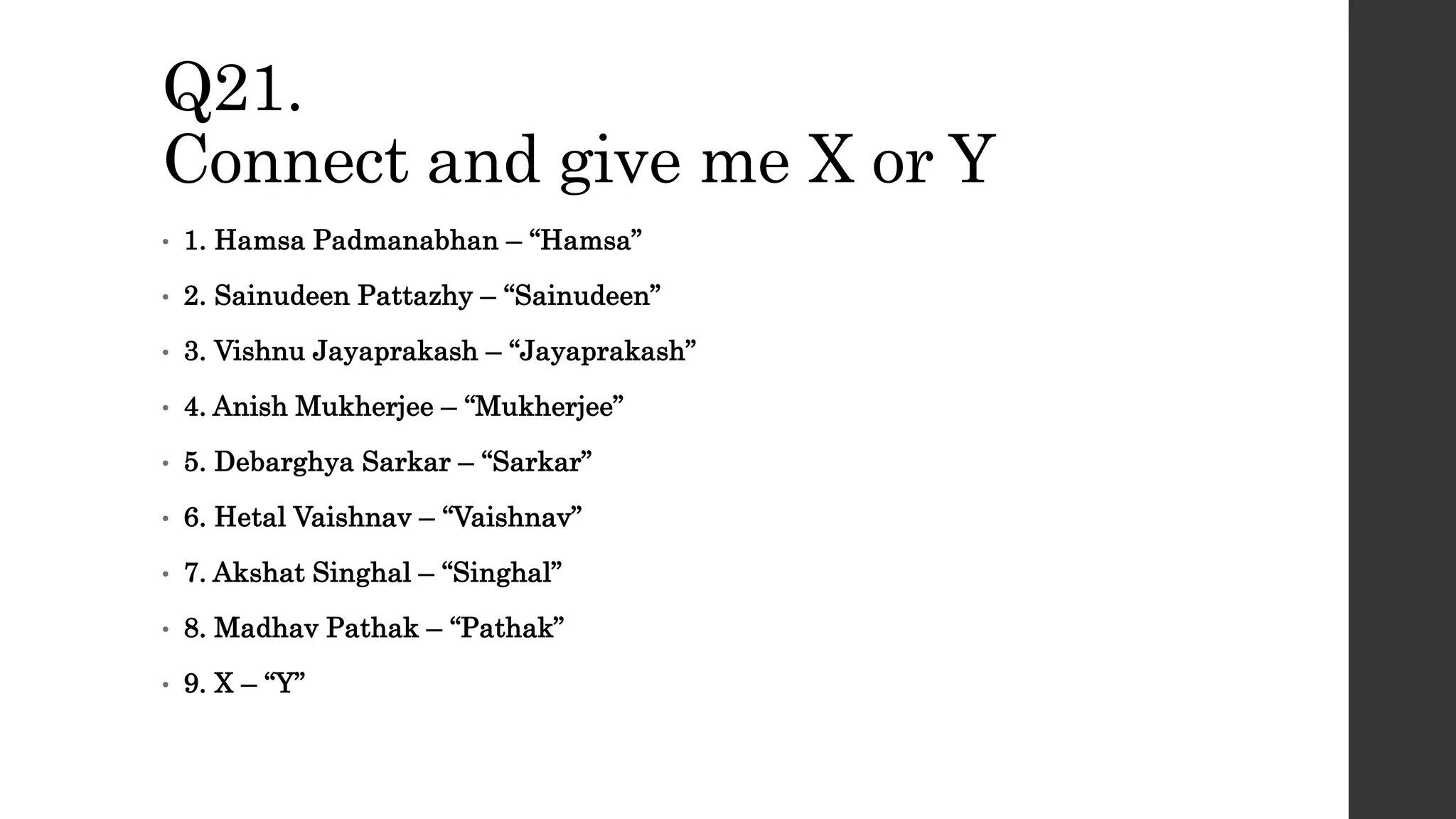 Q21.
Connect and give me X or Y
• 1. Hamsa Padmanabhan – “Hamsa”
• 2. Sainudeen Pattazhy – “Sainudeen”
• 3. Vishnu Jayaprakash – “Jayaprakash”
• 4. Anish Mukherjee – “Mukherjee”
• 5. Debarghya Sarkar – “Sarkar”
• 6. Hetal Vaishnav – “Vaishnav”
• 7. Akshat Singhal – “Singhal”
• 8. Madhav Pathak – “Pathak”
• 9. X – “Y”
 
