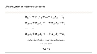 Linear System of Algebraic Equations
... wherethex1,x2, ... , xnare theunknowns...
inmatrixform
Ax = b
 