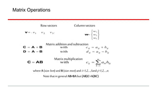 Rowvectors Columnvectors
Matrixadditionandsubtraction
Matrixmultiplication
whereA (size lxm) andB (sizemxn) andi=1,2,...,land j=1,2,...,n.
Note thatingeneral AB≠BA but(AB)C=A(BC)
Matrix Operations
 