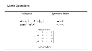 Matrix Operations
Identitymatrix
withAI=A,Ix=x
Transpose Symmetric Matrix
 