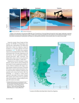 Summer 2002 49
Using this concept, Pecom Energía de Pérez
Companc SA (PECOM) and WesternGeco have
improved their understanding of the María Inés
Oeste field in Santa Cruz, Argentina, laying the
foundation for successful appraisal and future
development (right). The María Inés sandstone
reservoir has an average thickness of 50 m [160 ft],
and produces both oil and gas, depending on the
well location. The use of qualitative amplitude-
variation-with-offset (AVO) techniques has
helped define where to drill, but has also led to
noncommercial wells drilled in “bright spots.”1
Geophysicists use AVO techniques to assess
thickness, porosity, density, velocity, lithology and
fluid content of rocks by exploiting the variation in
seismic reflection amplitude with change in dis-
tance between shotpoint and receiver. Successful
AVO analysis requires special processing of seis-
mic data and seismic modeling to determine rock
properties with a known fluid content. With that
knowledge, it is possible to model seismic
response to other types of fluid content. Standard
AVO analyses yield answers that are qualitative
rather than quantitative, making it difficult to inte-
grate AVO results into models.
1. Qualitative AVO techniques were developed to under-
stand the relationship between hydrocarbon occurrence
and bright spots, or high-amplitude reflections.
Chiburis E, Franck C, Leaney S, McHugo S and
Skidmore C: “Hydrocarbon Detection With AVO,”
Oilfield Review 5, no. 1 (January 1993): 42–50.
Time
Reservoir optimization Traditional development
Minimize capital
expenses
Accelerate
production
Minimize operating
expenditures
Maximize
production
Maximize recovery
Defer abandonment
0
_
+
Cash
flow
Exploration Appraisal Development Production
> Stages in the exploration and production (E&P) life cycle. Through time, oil and gas fields go through four basic stages: exploration, appraisal,
development and production. Objectives change as fields mature, impacting expenditures and production and development strategies. Innova-
tive seismic processing and interpretation techniques can help optimize production, enhancing the value of an asset at every stage.
0 400
km
0 240
miles
Rio Gallegos
Santa Cruz
San Julian
Colonia
Las Heras
F A L K L A N D
I S L A N D S
A t l a n t i c O c e a n
C
H
I
L
E
S a n t a C r u z
N
María Inés
Oeste field
A
R
G
E
N
T
I
N
A
> Location of the María Inés Oeste field in Santa Cruz, Argentina.
 