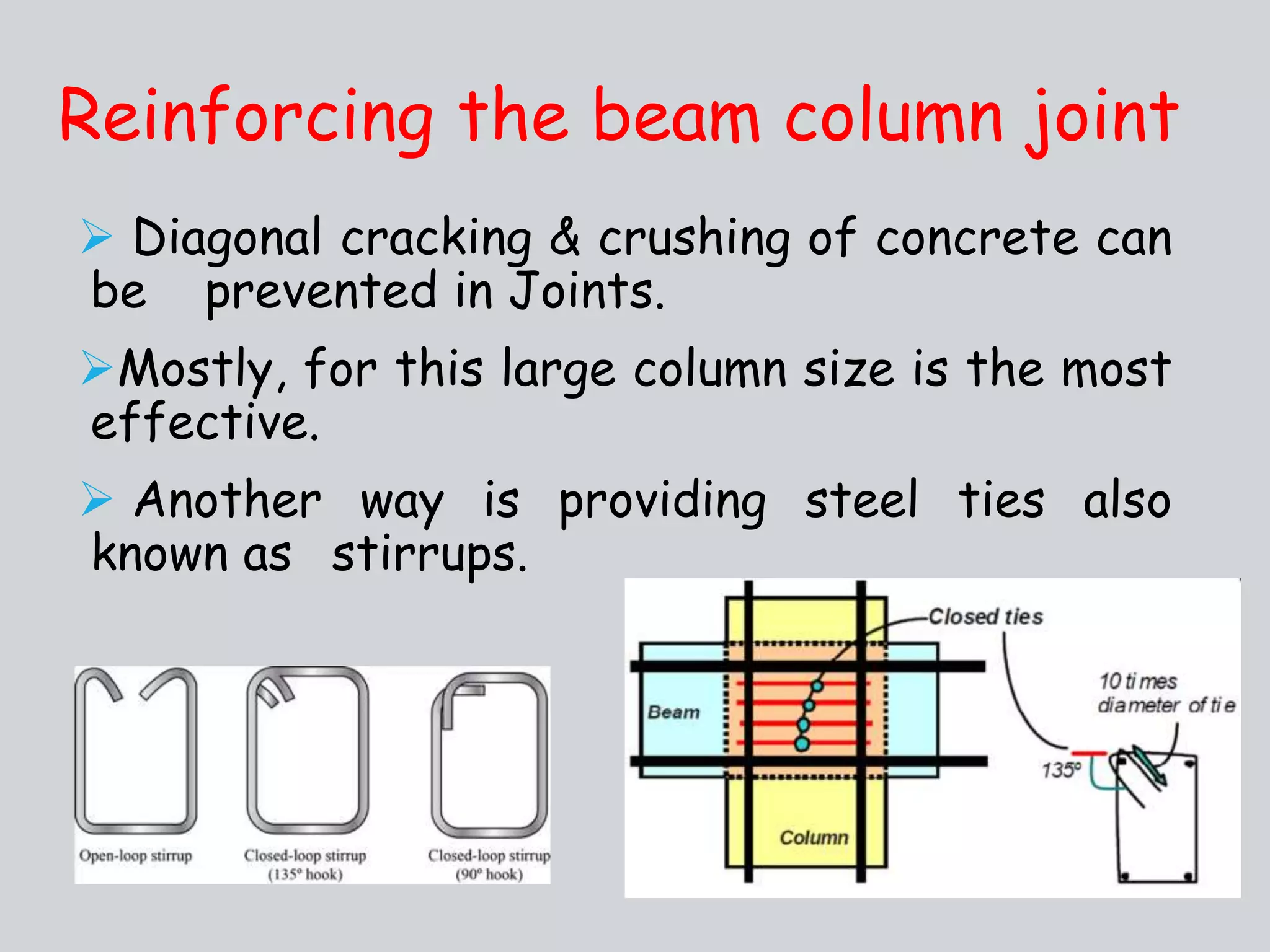  Diagonal cracking & crushing of concrete can
be prevented in Joints.
Mostly, for this large column size is the most
effective.
 Another way is providing steel ties also
known as stirrups.
Reinforcing the beam column joint
 