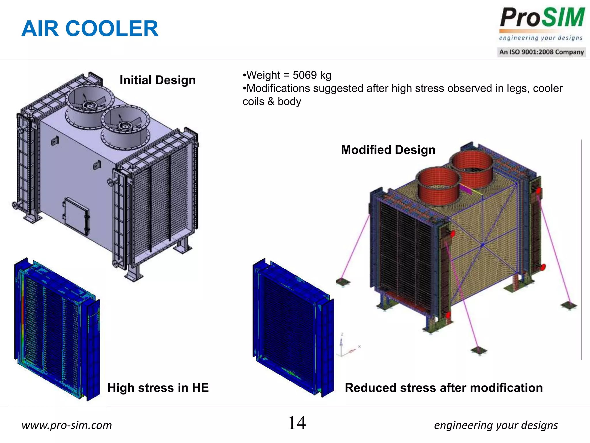 engineering your designswww.pro-sim.com 14
•Weight = 5069 kg
•Modifications suggested after high stress observed in legs, cooler
coils & body
Initial Design
High stress in HE
AIR COOLER
Modified Design
Reduced stress after modification
 