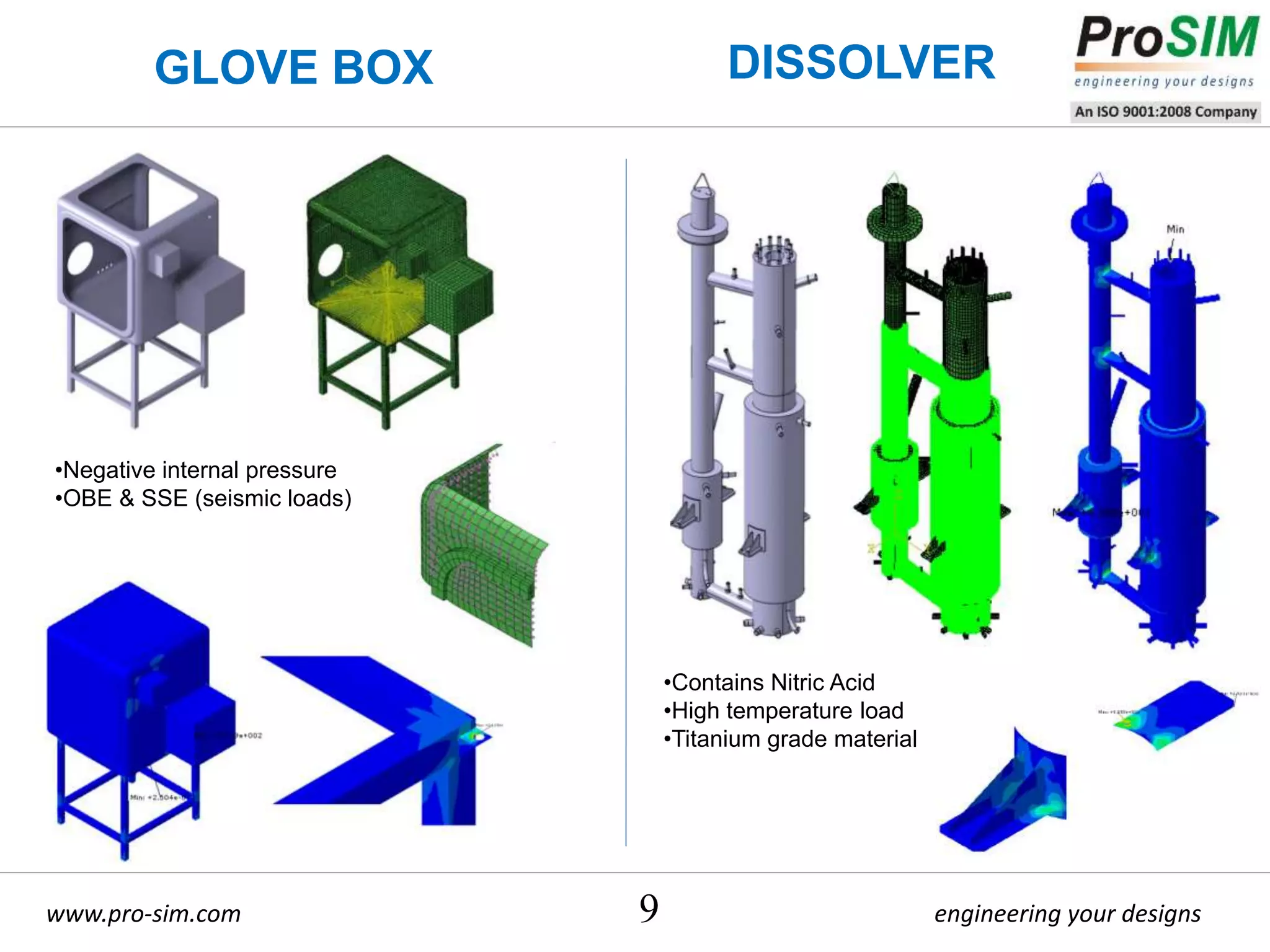 engineering your designswww.pro-sim.com 9
GLOVE BOX
•Negative internal pressure
•OBE & SSE (seismic loads)
•Contains Nitric Acid
•High temperature load
•Titanium grade material
DISSOLVER
 