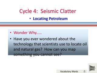 Cycle 4: Seismic Clatter
           • Locating Petroleum


• Wonder Why.....
• Have you ever wondered about the
  technology that scientists use to locate oil
  and natural gas? How can you map
  something you cannot see?

                                                 Next
                                                 Slide
                              Vocabulary Words
 