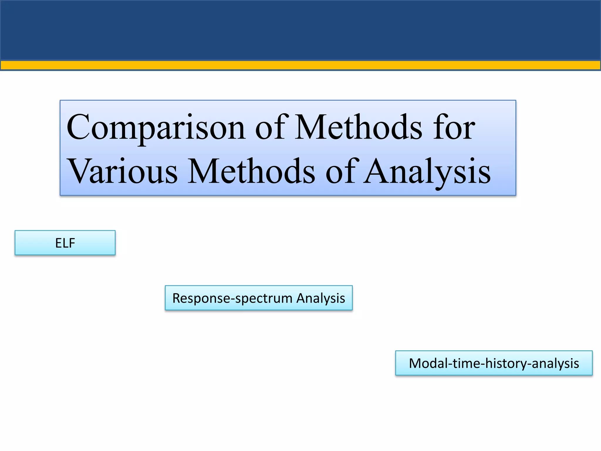 Comparison of Methods for
 Various Methods of Analysis
ELF


       Response-spectrum Analysis



                                    Modal-time-history-analysis
 