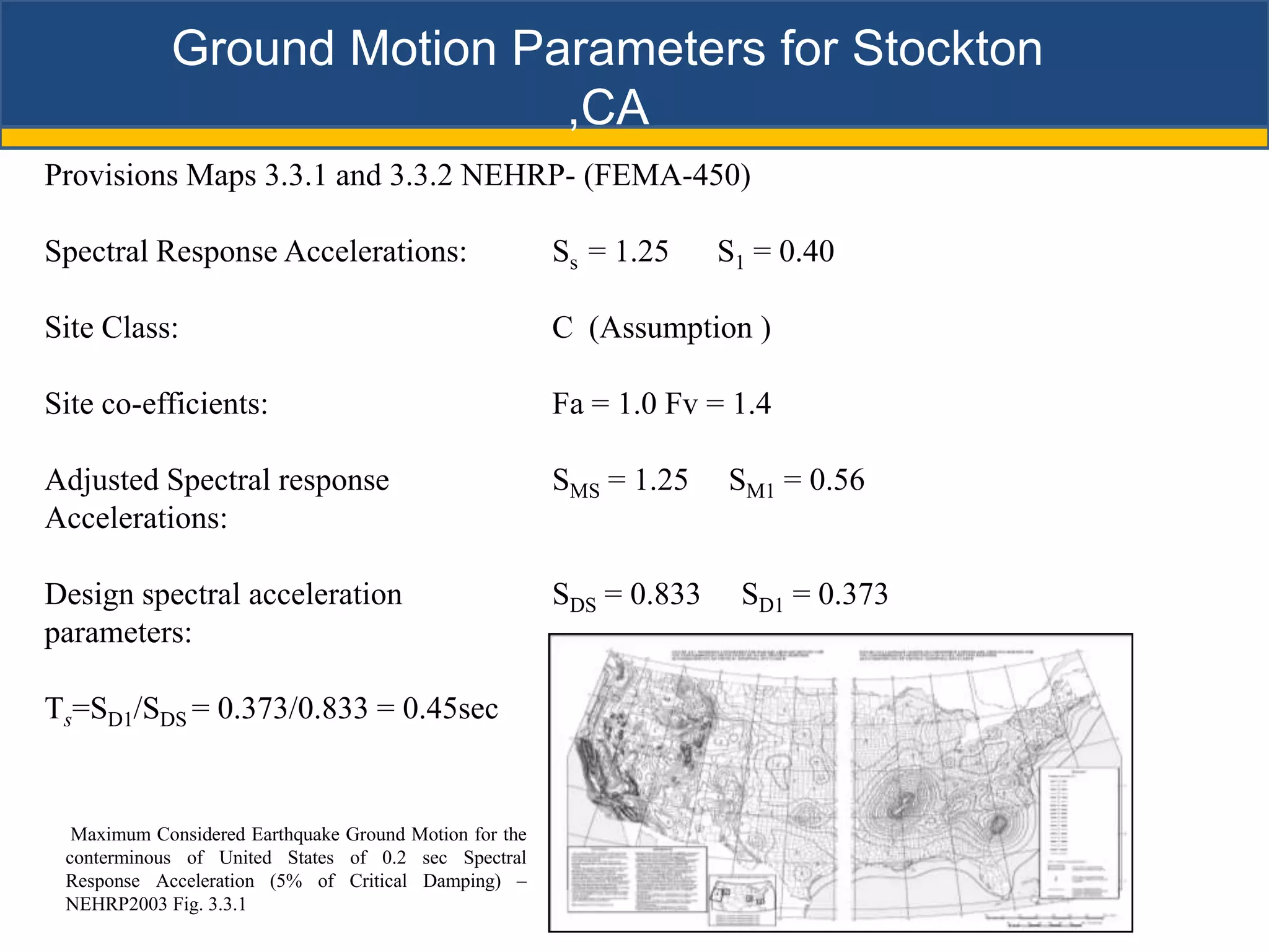 Ground Motion Parameters for Stockton
                            ,CA
Provisions Maps 3.3.1 and 3.3.2 NEHRP- (FEMA-450)

Spectral Response Accelerations:                        Ss = 1.25     S1 = 0.40

Site Class:                                             C (Assumption )

Site co-efficients:                                     Fa = 1.0 Fv = 1.4

Adjusted Spectral response                              SMS = 1.25    SM1 = 0.56
Accelerations:

Design spectral acceleration                            SDS = 0.833    SD1 = 0.373
parameters:

Ts=SD1/SDS = 0.373/0.833 = 0.45sec


  Maximum Considered Earthquake Ground Motion for the
 conterminous of United States of 0.2 sec Spectral
 Response Acceleration (5% of Critical Damping) –
 NEHRP2003 Fig. 3.3.1
 