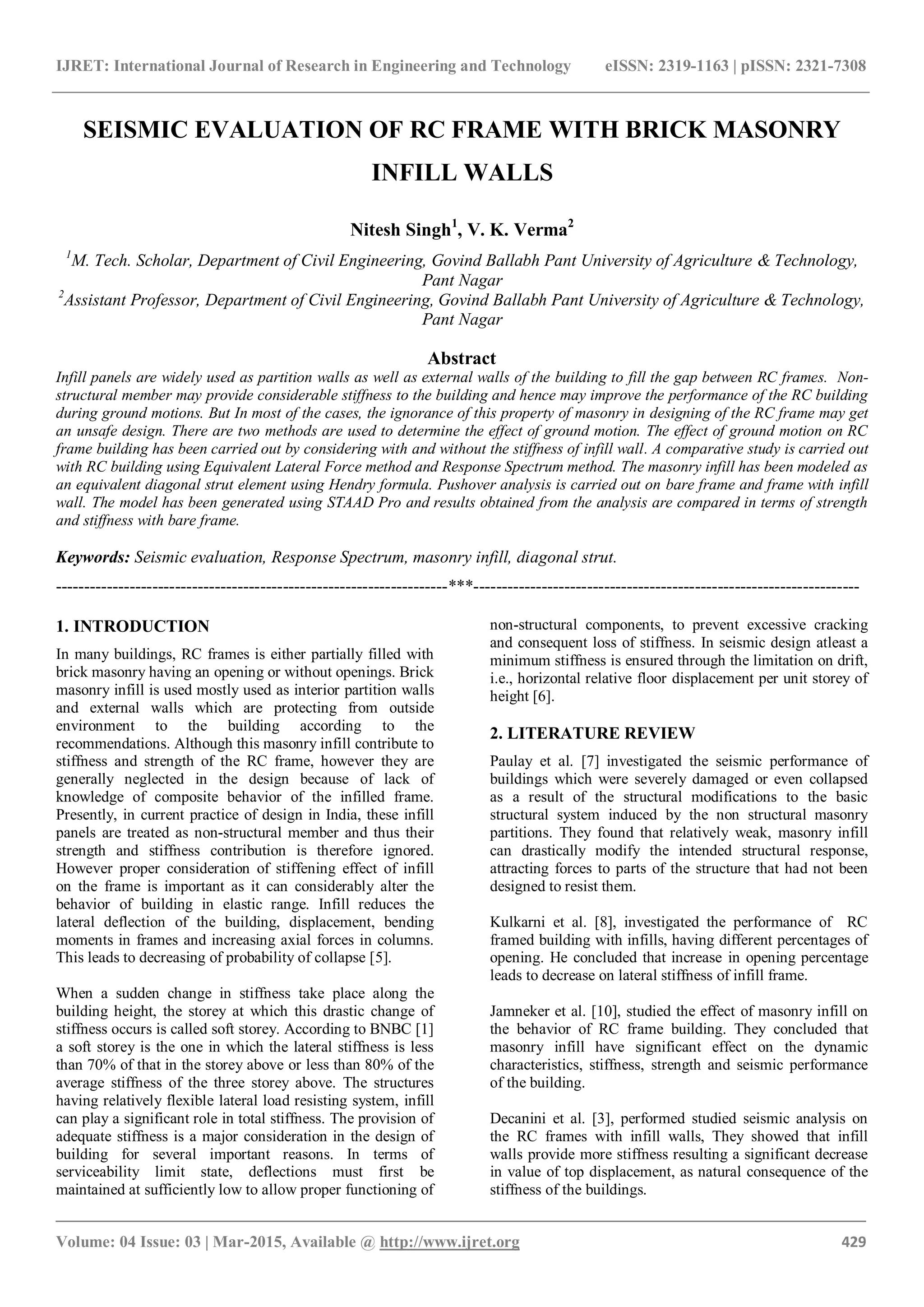 Seismic evaluation of rc frame with brick masonry infill walls | PDF