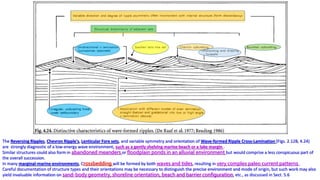 The Reversing Ripples, Chevron Ripple's, Lenticular Fore sets, and variable symmetry and orientation of Wave-formed Ripple Cross-Lamination (Figs. 2.12B, 4.24)
are strongly diagnostic of a low-energy wave environment, such as a gently shelving marine beach or a lake margin .
Similar structures could also form in abandoned meanders or floodplain ponds in an alluvial environment but would comprise a less conspicuous part of
the overall succession.
In many marginal-marine environments, Crossbedding will be formed by both waves and tides, resulting in very complex paleo current patterns .
Careful documentation of structure types and their orientations may be necessary to distinguish the precise environment and mode of origin, but such work may also
yield invaluable information on sand-body geometry, shoreline orientation, beach and barrier configuration, etc., as discussed in Sect. 5.6
 