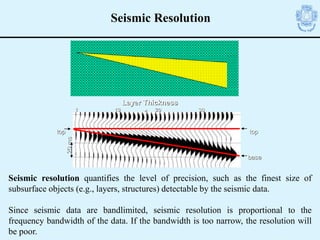 Layer Thickness
1 10 20
20
ms
30
base
top top
*
Seismic Resolution
Seismic resolution quantifies the level of precision, such as the finest size of
subsurface objects (e.g., layers, structures) detectable by the seismic data.
Since seismic data are bandlimited, seismic resolution is proportional to the
frequency bandwidth of the data. If the bandwidth is too narrow, the resolution will
be poor.
 