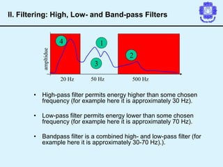 • High-pass filter permits energy higher than some chosen
frequency (for example here it is approximately 30 Hz).
• Low-pass filter permits energy lower than some chosen
frequency (for example here it is approximately 70 Hz).
• Bandpass filter is a combined high- and low-pass filter (for
example here it is approximately 30-70 Hz).).
ampltidue
50 Hz 500 Hz
20 Hz
1
2
3
4
II. Filtering: High, Low- and Band-pass Filters
 