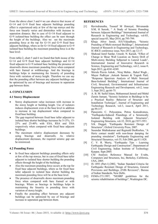 IJRET: International Journal of Research in Engineering and Technology eISSN: 2319-1163 | pISSN: 2321-7308
_______________________________________________________________________________________
Volume: 04 Issue: 06 | June-2015, Available @ http://www.ijret.org 374
From the above chart 3 and 4 we can observe that incase of
G+14 and G+9 fixed base adjacent buildings pounding
effect is experienced only at few of the top storeys and the
force non linearly varies and diminishes with increase in
seperation distance. But in case of G+14 fixed adjacent to
G+9 isolated-base building the effect can be seen through
the height of the buildings. Also we see the maximum
pounding force at the top for G+14 and G+9 fixed base
adjacent buildings, where as for G+14 fixed adjacent to G+9
isolated base building the maximum pounding force is at the
base level.
From table-2, chart 5 and 6 we found that both incase of the
G+14 and G+9 fixed base adjacent buildings and G+14
fixed adjacent to G+9 isolated base building the presence of
shearwalls shows maximum pounding force when compared
with bare framed or withbracings. And the bracings in
buildings helps in maintaining the linearity of pounding
force with variation of storey height. Therefore we can say
that the pounding effect between any adjacent buildings can
be optimized by use of bracings and increase in seperation
gap between them.
4. CONCLUSION
4.1 Storey Displacement
 Storey displacement value increases with increase in
the storey height or building height. Use of isolators
induces displacement even at the base level in addition
to increase in top displacement when compared to
fixed base building.
 The gap required between fixed base taller adjacent to
isolated base shorter buildings increases by 5-15%, 15-
25% and 25-40% with ESA, RSA and THA
respectively when compared with fixed base adjacent
buildings.
 The maximum relative displacement decreases by
using bracings and shearwalls. As relative
displacement decreases, the required seismic gap can
be minimized.
4.2 Pounding Force
 In fixed base adjacent buildings pounding effects only
at few of the top storeys, but in case of fixed base taller
adjacent to isolated base shorter building the pounding
effects through the height of the buildings.
 Also the maximum pounding force occurs at the top for
fixed base adjacent buildings, where as for fixed base
taller adjacent to isolated base shorter building the
maximum pounding force will be at the base level.
 The presence of shearwalls shows maximum pounding
force when compared with bare framed or with
bracings. Where as bracings in buildings helps in
maintaining the linearity in pounding force with
variation of storey height.
 Finally the pounding effect between any adjacent
buildings can be optimized by use of bracings and
increase in seperation gap between them.
REFERENCES
[1] Ravindranatha, Tauseef M Honnyal, Shivananda
S.M, H Suresh, “ A Study of Seismic Pounding
between Adjacent Buildings” International Journal of
Research in Engineering and Technology, vol-03,
special issue-03, May-2014, pp.795-799.
[2] Khaja Afroz Jamal, H.S.Vidyadhara, “Seismic
Pounding of Multi-storeyed Buildings”, International
Journal of Research in Engineering and Technology,
IC-RICE conference issue, Nov-2013, pp.12-17.
[3] Shahzad Jamil Sardar, Umesh. N. Karadi, “Effect of
Change in Shear Wall Location on Storey Drift of
Multi-storey Building Subjected to Lateral Loads”,
International Journal of Innovative Research in
Science, Engineering and Technology, vol-2, issue-9,
Sept-2013, pp.4241-4249.
[4] Shirule Pravin Ashok , Niraj Mehta , Rahul Wagh ,
Mayur Padhiyar ,Ankesh Samare & Yogesh Patil,
“Response Spectrum Analysis of Multi Storeyed
Base-Isolated Building”, International Journal of
Civil, Structural, Environmental and Infrastructure
Engineering Research and Development, vol-2, issue
3, Sept 2012, pp.66-75.
[5] A. B. M. Saiful Islam, Mohammed Jameel and Mohd
Zamin Jumaat, “Seismic Isolation in Buildings to be
a Practical Reality: Behavior of Structure and
Installation Technique”, Journal of Engineering and
Technology Research, vol-3, issue-4, April 2011,
pp.99-117.
[6] Panayiotis C. Polycarpou, Petros Komodromos,
“Earthquake-Induced Poundings of a Seismically
Isolated Building with Adjacent Structures”,
Engineering Structures, vol-32, 2010, pp.1937-1951.
[7] S.K. Duggal, “Earthquake Resistant Design of
Structures”, Oxford University Press, 2007.
[8] Susendar Muthukumar and Reginald DesRoches, “A
Hertz contact model with non-linear damping for
pounding simulation”, Earthquake Engineering and
Structural Dynamics, vol-35, Feb-2006, pp.811-828.
[9] C. V. R. Murty, “Earthquake Tips - Learning
Earthquake Design and Construction”, Department of
Civil Engineering, Indian Institute of Technology
Kanpur, Sept-2005.
[10] CSI Analysis Reference Manual for E-tabs,
Computers and Structures, Inc, Berkeley, California,
USA, 2005.
[11] IS 1893 (Part-1):2002, “Indian Standard Criteria for
Earthquake Resistant Design of Structures, General
Provisions and Buildings, (Fifth Revision)”, Bureau
of Indian Standards, New Delhi.
[12] FEMA-273:1997, “NEHRP guidelines for the
seismic rehabilitation of buildings”, Washington DC.
 