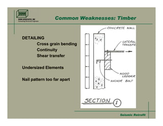 Common Weaknesses: Timber


DETAILING
      Cross grain bending
      Continuity
      Shear transfer

Undersized Elements

Nail pattern too far apart




                                     Seismic Retrofit
 