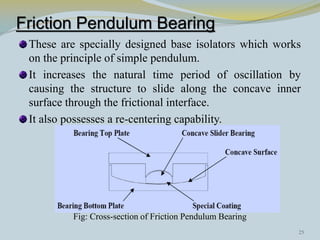 Friction Pendulum Bearing
These are specially designed base isolators which works
on the principle of simple pendulum.
It increases the natural time period of oscillation by
causing the structure to slide along the concave inner
surface through the frictional interface.
It also possesses a re-centering capability.
Fig: Cross-section of Friction Pendulum Bearing
25
 