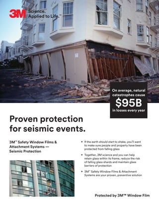 Proven protection
for seismic events.
3M™
Safety Window Films &
Attachment Systems —
Seismic Protection
On average, natural
catastrophes cause
in losses every year
$95B
•	If the earth should start to shake, you’ll want
to make sure people and property have been
protected from falling glass
•	Together, 3M science and you can help
retain glass within its frame, reduce the risk
of falling glass shards and maintain glass
barriers of protection
•	3M™
Safety Window Films  Attachment
Systems are your proven, preventive solution
Protected by 3M™ Window Film
 