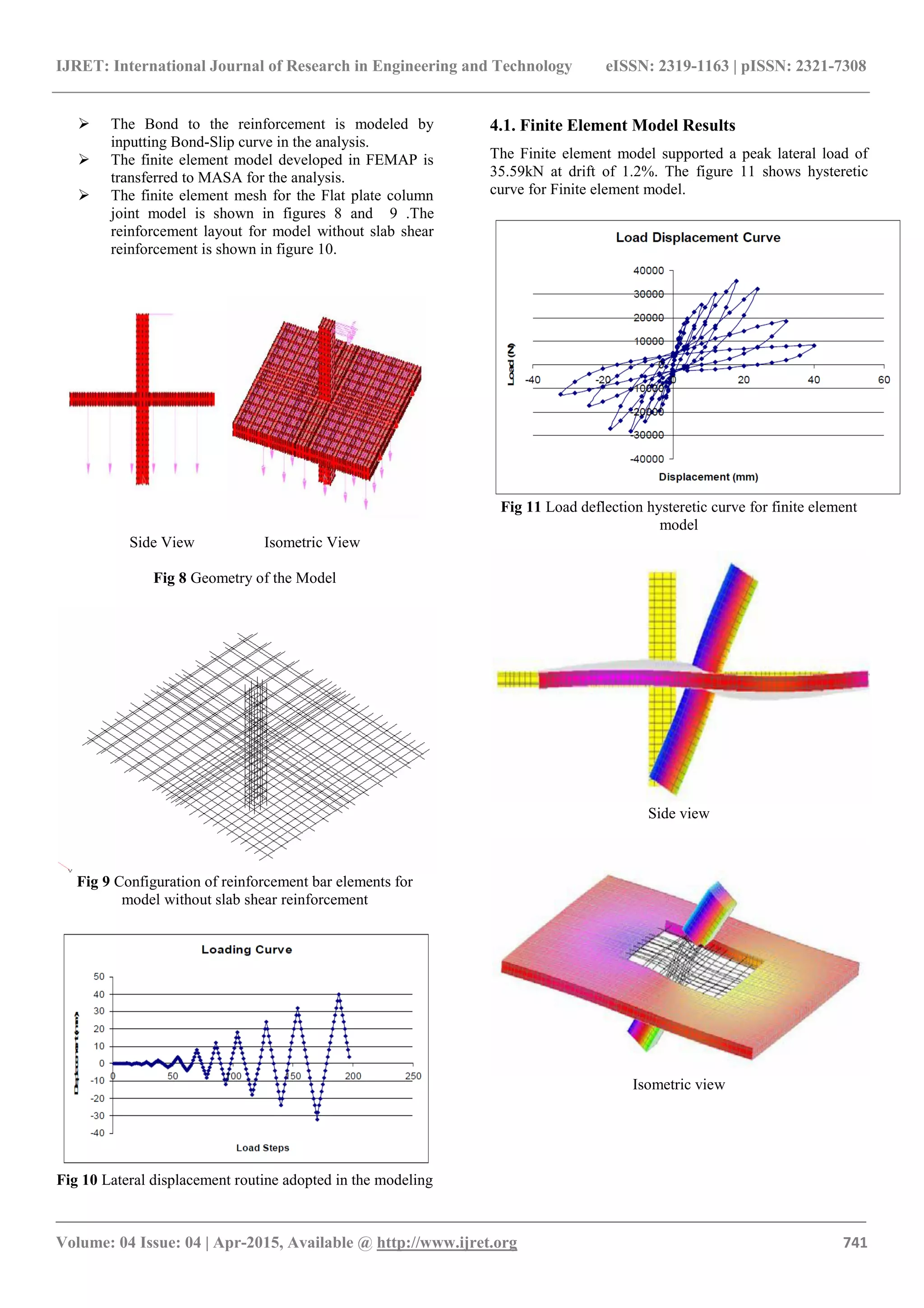IJRET: International Journal of Research in Engineering and Technology eISSN: 2319-1163 | pISSN: 2321-7308
_______________________________________________________________________________________
Volume: 04 Issue: 04 | Apr-2015, Available @ http://www.ijret.org 741
 The Bond to the reinforcement is modeled by
inputting Bond-Slip curve in the analysis.
 The finite element model developed in FEMAP is
transferred to MASA for the analysis.
 The finite element mesh for the Flat plate column
joint model is shown in figures 8 and 9 .The
reinforcement layout for model without slab shear
reinforcement is shown in figure 10.
Side View Isometric View
Fig 8 Geometry of the Model
Fig 9 Configuration of reinforcement bar elements for
model without slab shear reinforcement
Fig 10 Lateral displacement routine adopted in the modeling
4.1. Finite Element Model Results
The Finite element model supported a peak lateral load of
35.59kN at drift of 1.2%. The figure 11 shows hysteretic
curve for Finite element model.
Fig 11 Load deflection hysteretic curve for finite element
model
Side view
Isometric view
 