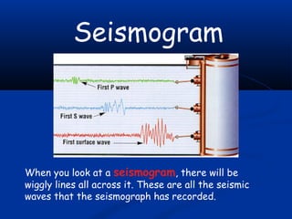 Seismogram

When you look at a seismogram, there will be
wiggly lines all across it. These are all the seismic
waves that the seismograph has recorded.

 