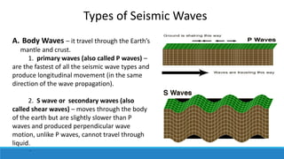Types of Seismic Waves
A. Body Waves – it travel through the Earth’s
mantle and crust.
1. primary waves (also called P waves) –
are the fastest of all the seismic wave types and
produce longitudinal movement (in the same
direction of the wave propagation).
2. S wave or secondary waves (also
called shear waves) – moves through the body
of the earth but are slightly slower than P
waves and produced perpendicular wave
motion, unlike P waves, cannot travel through
liquid.
-
 
