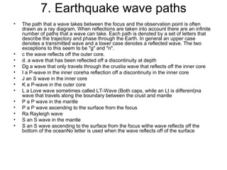 7. Earthquake wave paths The path that a wave takes between the focus and the observation point is often drawn as a ray diagram. When reflections are taken into account there are an infinite number of paths that a wave can take. Each path is denoted by a set of letters that describe the trajectory and phase through the Earth. In general an upper case denotes a transmitted wave and a lower case denotes a reflected wave. The two exceptions to this seem to be "g" and "n".  c the wave reflects off the outer core.  d. a wave that has been reflected off a discontinuity at depth  Dg a wave that only travels through the crustia wave that reflects off the inner core I a P-wave in the inner coreha reflection off a discontinuity in the inner core J an S wave in the inner core K a P-wave in the outer core L a Love wave sometimes called LT-Wave (Both caps, while an Lt is different)na wave that travels along the boundary between the crust and mantle P a P wave in the mantle P a P wave ascending to the surface from the focus Ra Rayleigh wave S an S wave in the mantle S an S wave ascending to the surface from the focus withe wave reflects off the bottom of the oceanNo letter is used when the wave reflects off of the surface 