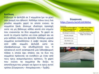 Εκτέλεση
Κόβουμε το φελιζόλ σε 2 κομμάτια (με το χέρι)
σαν ρωγμή του φλοιού. Κολλάμε πάνω τους ένα
μεγάλο κομμάτι χαρτί το οποίο ενώνει τα
κομμάτια ξανά. Δίνουμε ιδιαίτερη προσοχή
ώστε να μη βάλουμε κόλλα κοντά στο σημείο
που ενώνονται τα δύο κομμάτια. Το χαρτί σε
αυτό το σημείο πρέπει να είναι χαλαρό και να
μην κολλάει πάνω στο φελιζόλ. Κολλάμε μερικά
κομμάτια αυτοκόλλητου ή καφέ ταινίας κάτω
από κάθε κομμάτι φελιζόλ ώστε να
εξασφαλίσουμε την ολισθηρότητά του. Η
κατασκευή αυτή αναπαριστά μία λιθοσφαιρική
πλάκα η οποία έχει σπάσει και τα δυο της
κομμάτια πρόκειται να κινηθούν με έναν από
τους τρεις αναμενόμενους τρόπους. Το χαρτί
που ενώνει τα κομμάτια θα δείξει το
αποτέλεσμα που μπορεί να έχουν οι τρεις αυτοί
τρόποι (Σύγκρουση – Απομάκρυνση – Τριβή).
Σύγκρουση
https://youtu.be/xEsLkEAbDec
 