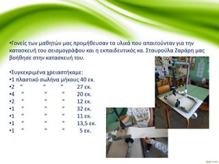 •Γονείς των μαθητών μας προμήθευσαν τα υλικά που απαιτούνταν για την
κατασκευή του σεισμογράφου και η εκπαιδευτικός κα. Σταυρούλα Ζαράρη μας
βοήθησε στην κατασκευή του.
•Συγκεκριμένα χρειαστήκαμε:
•1 πλαστικό σωλήνα μήκους 40 εκ.
•2 “ “ “ 27 εκ.
•4 “ “ “ 20 εκ.
•2 “ “ “ 12 εκ.
•1 “ “ “ 32 εκ.
•1 “ “ “ 11 εκ.
•1 “ “ “ 13,5 εκ.
•1 “ “ “ 5 εκ.
 