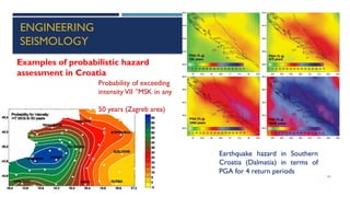 SEISMOLOGY, SPP-CL/ DDU-FOT/ NADIAD 60
ENGINEERING
SEISMOLOGY
Earthquake hazard in Southern
Croatia (Dalmatia) in terms of
PGA for 4 return periods
Examples of probabilistic hazard
assessment in Croatia
Probability of exceeding
intensity VII °MSK in any
50 years (Zagreb area)
 