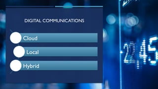 SEISMOLOGY, SPP-CL/ DDU-FOT/ NADIAD 76
DIGITAL COMMUNICATIONS
Cloud
Local
Hybrid
 