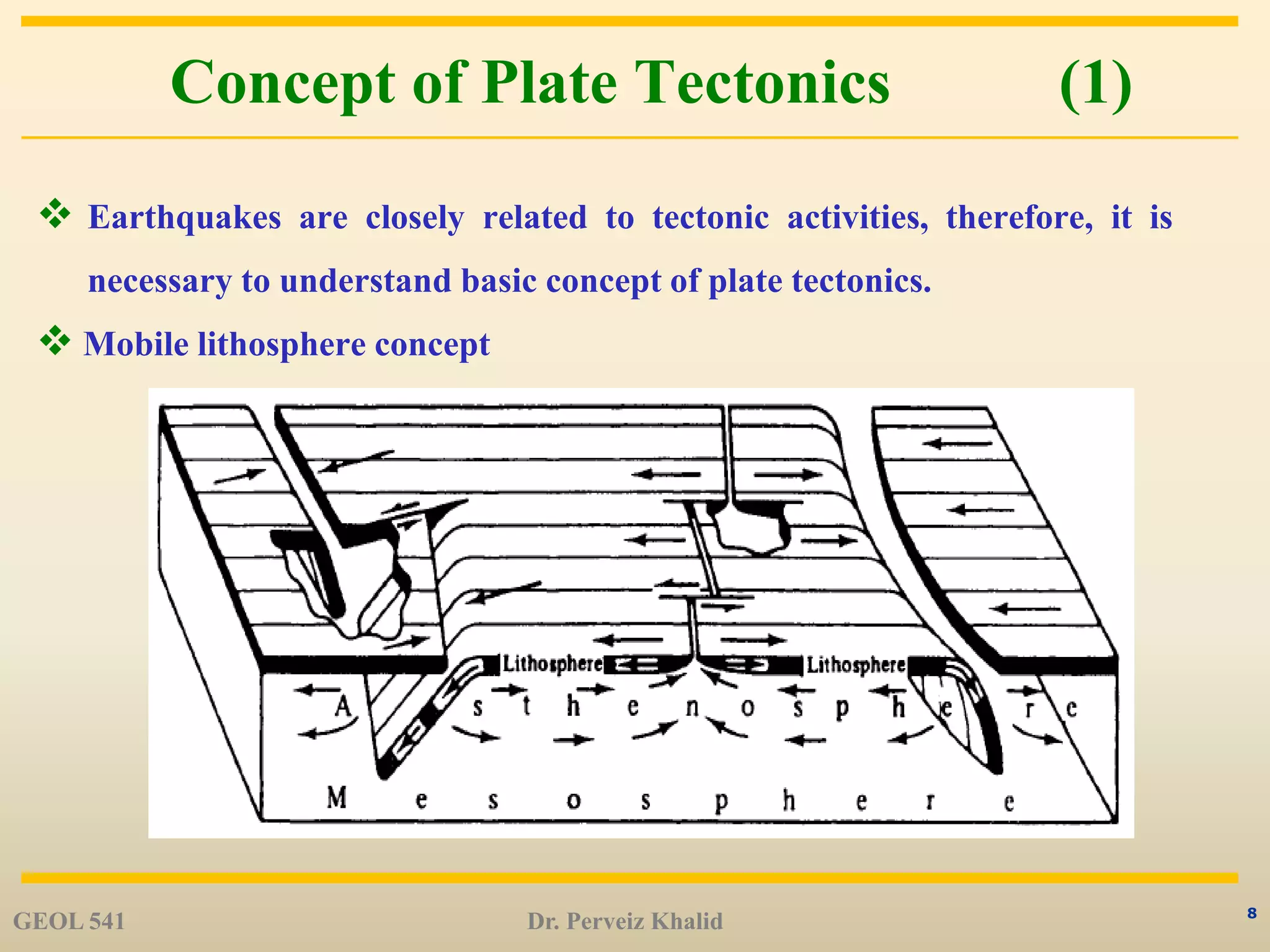 8
Concept of Plate Tectonics (1)
 Earthquakes are closely related to tectonic activities, therefore, it is
necessary to understand basic concept of plate tectonics.
 Mobile lithosphere concept
GEOL 541 Dr. Perveiz Khalid
 