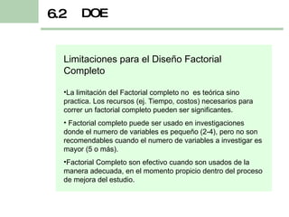 Limitaciones para el Diseño Factorial Completo La limitación del Factorial completo no  es teórica sino practica. Los recursos (ej. Tiempo, costos) necesarios para correr un factorial completo pueden ser significantes. Factorial completo puede ser usado en investigaciones donde el numero de variables es pequeño (2-4), pero no son recomendables cuando el numero de variables a investigar es mayor (5 o más). Factorial Completo son efectivo cuando son usados de la manera adecuada, en el momento propicio dentro del proceso de mejora del estudio. DOE 6.2 
