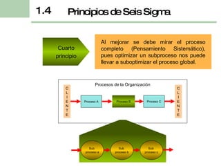 Al mejorar se debe mirar el proceso completo (Pensamiento Sistemático), pues optimizar un subproceso nos puede llevar a suboptimizar el proceso global. Principios de Seis Sigma 1.4 Cuarto principio CLIENTE CLIENTE Proceso A Proceso C Proceso B Sub  proceso a Sub  proceso c Sub  proceso b Procesos de la Organización 